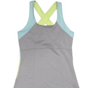 Athletic cross back top in light gray color and straps light blue/light green. S